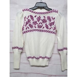 Vintage Mademoiselle Size Small (?) Cream Sweater w/ Purple Leaf Pattern